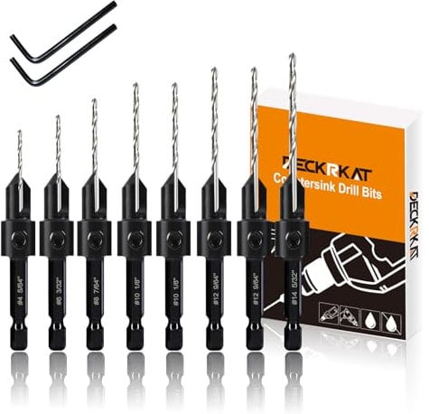 8 Pack Woodworking Countersink Drill Bits Set 3in1, Heavy Duty M2 Pilot Drill Bits Depth Adjustable, 82-Degree Chamfer, 1/4” Hex Shank, for #4#6#8#10#12#14 Screws in Soft & Hard Wood