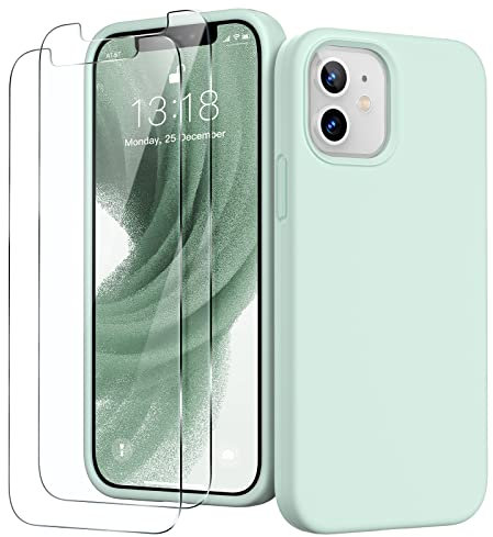GOODVISH 3 en 1 Coque pour iPhone 12 Mini Silicone Liquide 5,4 Pouces - avec 2 Verre Trempé - Étui de Protection Antichoc en Microfibre Douce[Résistant aux Rayures] [Antidérapant], Béryll