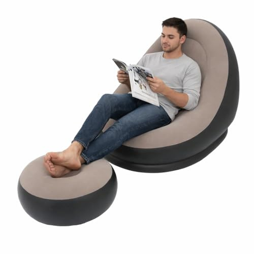 eBoutik - Deluxe Aufblasbarer Loungesessel & Fußhocker - Weicher Stoff Indoor & Outdoor Liege - Ideal für Garten, Haus, Gaming (Creme)