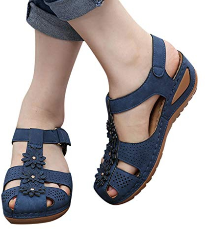 Orthopädische Schuhe Damen Fersensporn Weich Elegant Sommerschuhe Arch Fit Trekking Sandaletten Comfort mit Fussbett Weite H Sandalen Outdoor Keilabsatz Wmshoe Clogs
