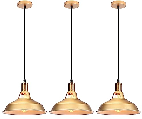 iDEGU 3 Stücke Pendelleuchten, Retro Hängelampe Industrielle Lampenschirm im Eisen Ø 27cm Vintage Hängelleuchte für Küche Esszimmer Wohnzimmer Schlafzimmer Flur Restaurant (Gold)