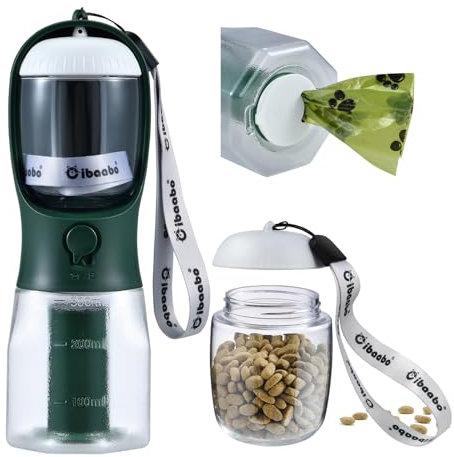 Cibaabo Dog Water Bottle with Food Container & Poop Bag Holder, Travel Water Bowl, Portable Pet Dispenser, Dog Stuff Accessories Items, Puppy Essentials Necessities for Yorkie Chihuahua Walking Hiking