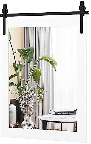 COSTWAY Decorative Rustic Wall Mirror, Rectangle Barn Door Hanging Vanity Mirror, Farmhouse Solid Wood Frame Wall Mounted Mirror for Bathroom, Living Room, Bedroom and Hallway (White, 76x55cm)