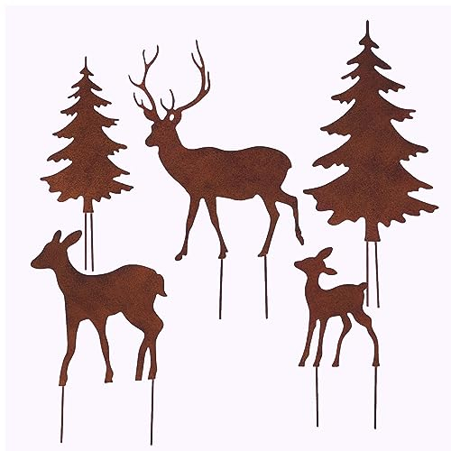 Storm's Gartenzaubereien Gartenstecker Deko Rehe und Hirsche mit 2 Tannen in Rostpotik 5er Set - Weihnachtsdeko zum Basteln - Gartendeko