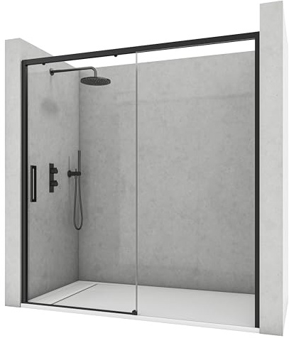 NEBADOON | Mamparas de Ducha - 1 Puerta Corredera + 1 Fijo - Mampara de Ducha Corredera - Perfilería Negra Mate - 169 a 173 cm (Ancho Adaptable 4 cm) x 195 cm (Alto) - Posición Puerta Izquierda