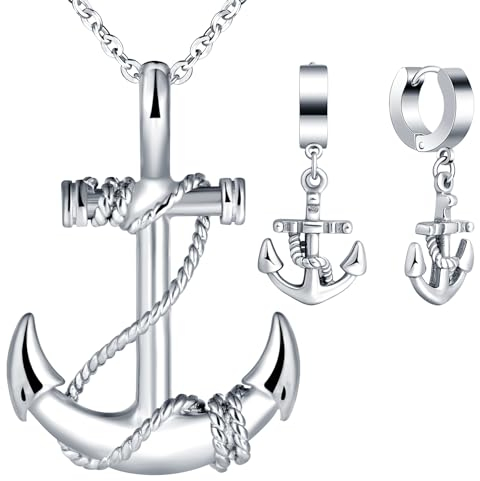 INFINIONLY Herren & Damen Anker Schmuck-Set Vintage Ketten mit Anker Anhänger & Creolen Ohrhänger, Silber