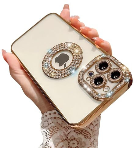 Faneiy for iPhone 13 Pro Case with Bling Glitter Rhinestones Diamond,Clear Cute Sparkly Aesthetic Gold Phone Case,Luxury Plating Electroplate Case for iPhone 13 Pro