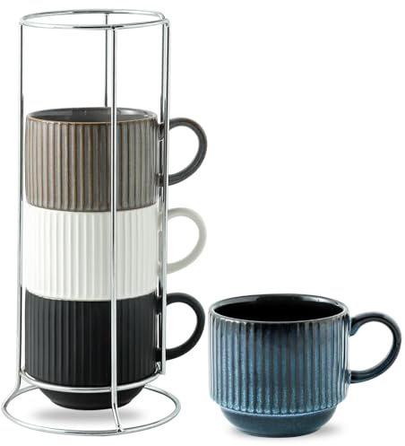 Hasense Coffee Mug Set of 4 with Holder - 15 oz Stackable Large Ceramic Ribbed Latte Cup Set for Cappuccino, Tea, Hot Cocoa, Drinks - Dishwasher & Microwave Safe Multi color