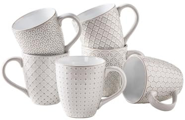 DOWAN Kaffeetassen Set, 6 x 560 ml Kaffeebecher Porzellan, Große Tassen mit geprägtem Muster im Landhausstil für Kaffee, Milch, Tee & Kakao, Tassen Set Reaktiv Weiß