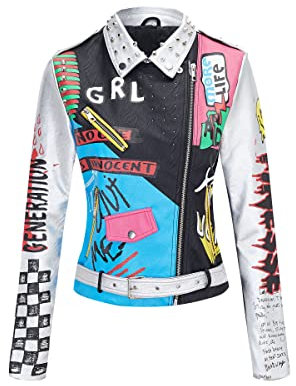 Giolshon Femmes Similicuir Veste Clous Rivets Floral Moto Court Revers Blousons 0479 Argent Noir XL