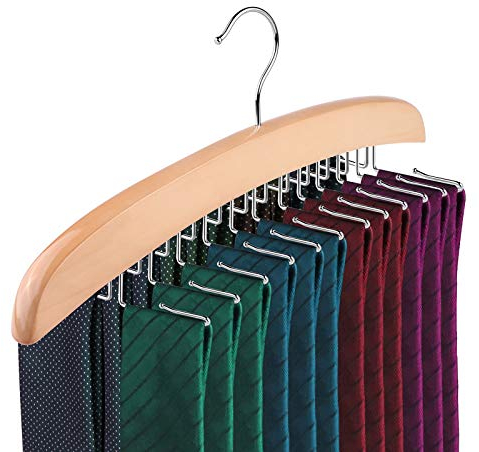 Perchero para Corbatas, Colgador de Corbatas con 24 Carpetas para su Organizador de Armario, Colgador de Corbatas de Madera, Gancho de Metal Giratorio de 360° para su Organizador de Armario