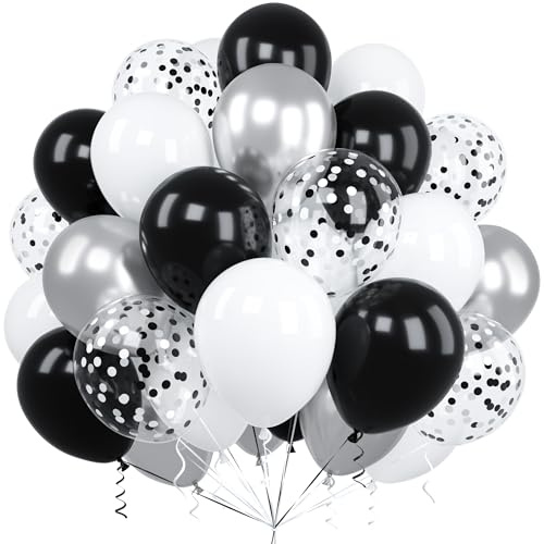 Luftballons Schwarz Weiß Silber, Ousuga 60 Stück 12 Zoll Matt Weisse Metallic Schwarze Silber Konfetti Latex Ballon Set für Männer Jungen Geburtstag Hochzeit Baby Dusche Graduierung Feier Dekoration