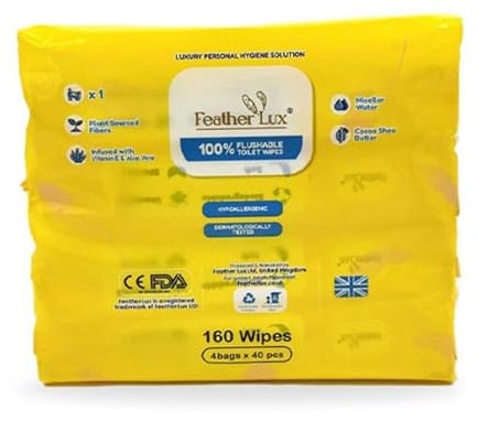 Feather Lux Wet Wipes for Adults - Flushable Toilet Wipes with Micellar Water, 160 Large Toilet Wipe Flushable (4 Pack of 40) Cocoa & Shea Butter, Biodegradable Wipe