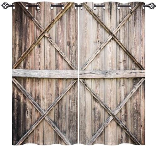 ANHOPE Bauernhaus Vintage Holz Tür Blickdichte Gardinen mit Ösen Weich Thermo Vorhänge Wohnzimmer Schlafzimmer Verdunklungsvorhänge 2er Set H 160 x B 107 cm