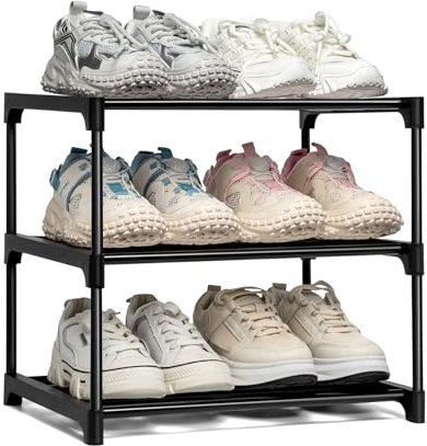 OLYREO Schuhregal Mit 3 Ebenen - Schmal Platzsparend Aus Metall Schwarz, Stapelbar Dauerhaft für 6 Paar Schuhe - Schuhaufbewahrung für Flur, Wohnzimmer, Schlafzimmer