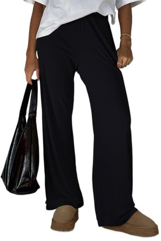FOFAINWE Damen Weites Bein Ribber Pant Lose Gemütliche Casual Sweatpants Pyjama Lounge Flowy Hosen Mit Taschen(Schwarz,XS)