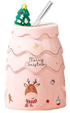 Christmas Tree Coffee Mug with Glasses Straw and 3D Lid, Ceramic Christmas Cups, Festival Cute Xmas Mugs, Drink Winter Coffee Hot Coco Mug, Novelty Mugs Gift for Thanksgiving Day Christmas (Pink)