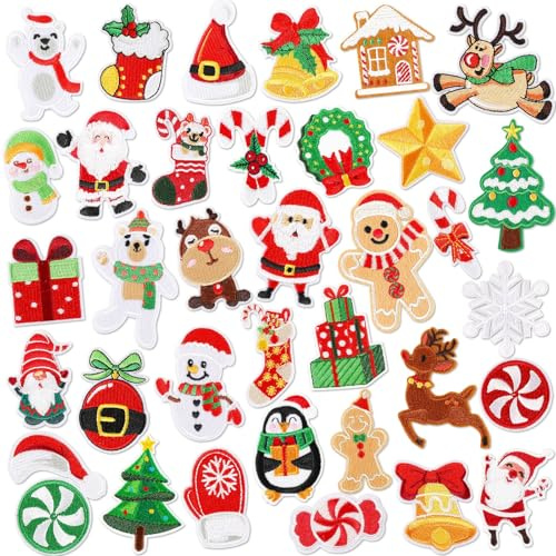 AUGSUN 36pcs Christmas Iron on Patches Xmas Embroidered Sew Applique | Santa Claus Christmas Tree Wreath Snowman Elk Reindeer Patches, Christmas DIY Crafts, For Clothing Jacket Jeans Pants Decor