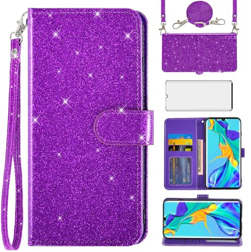 Asuwish Handyhülle für Huawei P30 Pro Hülle mit Band Schutzfolie Kartenfach Klappbar Glitzer Leder Geldbörse Ständer HuweiP30Pro Hawaii P 30 P30Pro VOG-L29 Handy Hüllen Schutzhülle Phone Case Lila