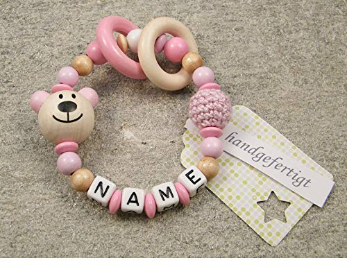 kleinerStorch Baby Motorik Spielzeug personalisiert mit Namen | Holz Lernspielzeug als Mädchen & Jungen Geschenk zur Geburt, Taufe | Bär in Babyrosa