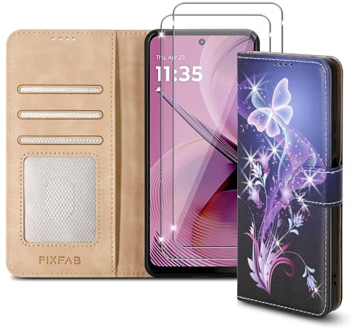 PIXFAB Case for Motorola Moto G55 with 2 x Screen Protector Tempered Glass, Leather Wallet Phone Case, Magnetic Book Flip Folio Cover [RFID Protection & Card Slots] and [Kickstand] - Butterfly