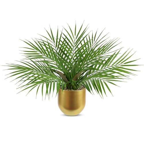 Oairse Artificial Palm Plant in Gold Metal Pot 40cm Realistic Fake Greenery with Decorative Faux Indoor Plant for Home Office Shelf Table Desk Bathroom Living Room Decor