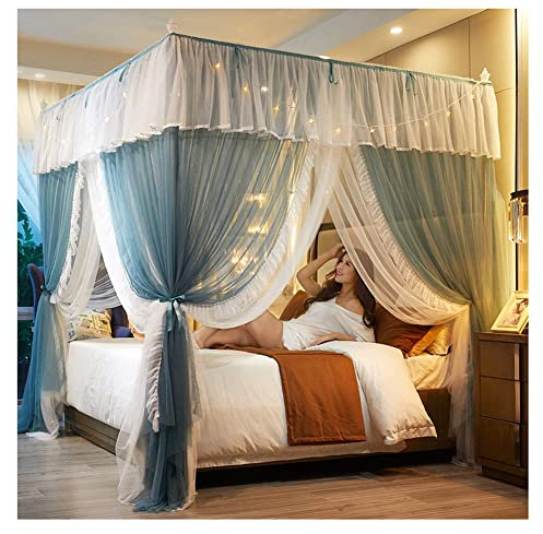 WMXZHJ Moustiquaire Princesse, baldaquin de lit de Luxe pour Filles, décoration de Chambre de Princesse, Bleu, Convient pour lit Double de 5 m/8 m/2 m, Support en Acier Inoxydable 180 x 200 x 200 c