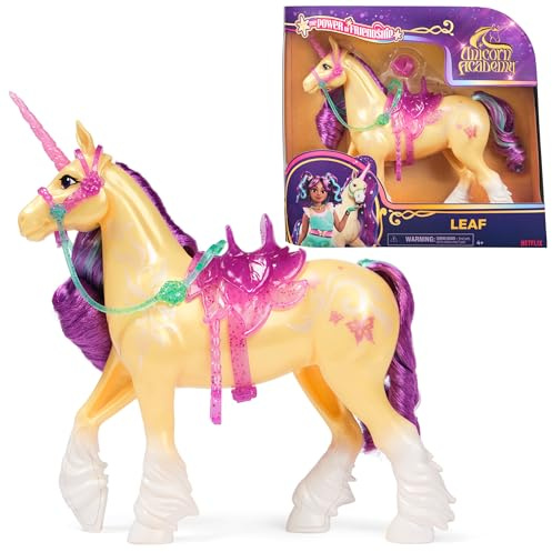 Unicorn Academy Einhorn Leaf - 28 cm groß, Original-Einhorn von AVA zur Netflix-Serie, mit echter Mähne und Schweif, abnehmbarem Zaumzeug und Sattel sowie Bürste, für Kinder ab 4 Jahren
