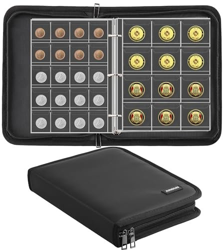 JUNDUN Album de Collection de pièces de Monnaie ignifugé, 260 Compartiments vitrine de pièces de Monnaie avec Fermetures éclair, Porte-pièces pour pièces de 20/25/27/30/38mm (Noir)