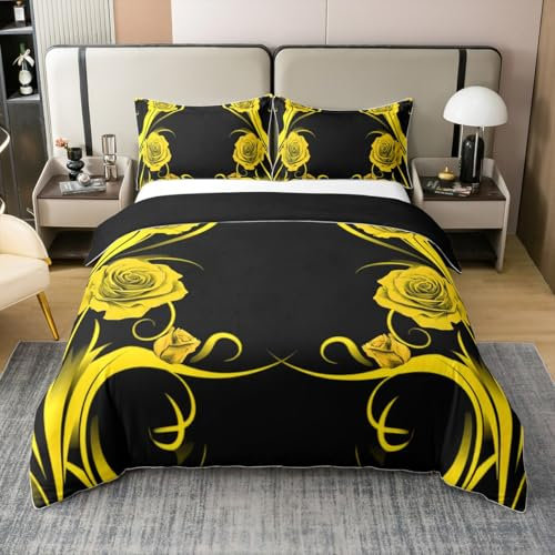 Loussiesd Yellow Rose Bedding Set Rose Floral Flower Bedding 100% Cotton Duvet Cover Double Set Garden Flower Comforter Cover Set Romantic Bedspread Cover Vintage Quilt Cover 3Pcs No Comforter