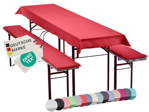 NYVI Bierbankauflagen Set NYVIGala 240x70 cm Rot - 1x Tischdecke für 220x50 cm Biertische & 2X Gepolsterte Auflage für 220x25 cm Bierbänke - Sitzauflage für Bierzeltgarnitur