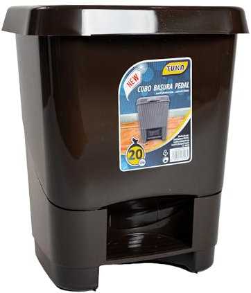 TUKA - Cubo de basura plástico, Cubo basura con pedal, Papelera, Plástico resistente, Libre de BPA (Marrón, 20 Litros)