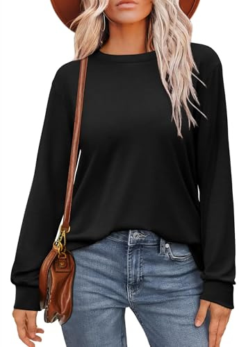 WIHOLL Long Sleeve Tops Women UK Tunic Tops Ladies for Leggings Casual Tshirts Crew Neck Sweatshirt Loose Fit Fall Winter Black M