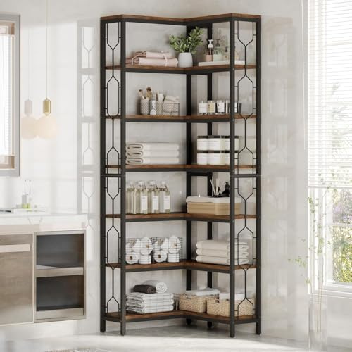 Eck-Bücherregal mit 7 Ebenen, industrielles Holz- und Metall-Eck-Bücherregal, freistehendes Eckregal für Wohnzimmer, Küche, Heimbüro, rustikale braune Vitrine