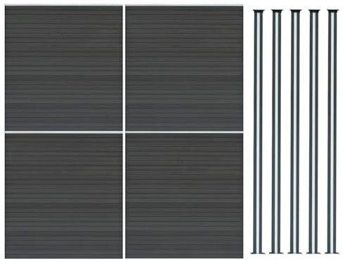 Composite Fence Panel x 4 & 5 Aluminium Posts 6ft Board Grey Double Sided Wood Grain Slatted Fencing Plastic Outdoor Garden Driveway Privacy Barrier 185cm High x 699cm Wide Solar Powered LED Lighting