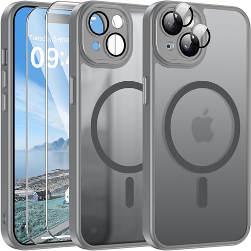 Opkiegrn Magnetisch Hülle für iPhone 13 mit 2 Stück Panzer Schutz Glas Folie, KameraSchutz Folie Stoßfest Kratzfest Transluzente Matt Handyhülle für iPhone 13 Grau