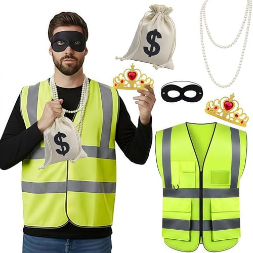 YUPDFGB 5 Stück Bankräuber Kostüm Damen Herren, Filz Maske mit Plastik Perlen Halskette Krone, Reflektierende Weste SWAG Rucksack für Halloween Und Karneval