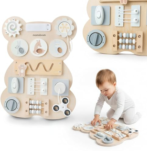 Mamabrum Holz Montessori Tafel Bär – Sensorische Bildungstafel für Kinder 18M+ – Klettverschluss Stecker Labyrinth Drehrad – Entwicklung der Motorik und Unabhängigkeit