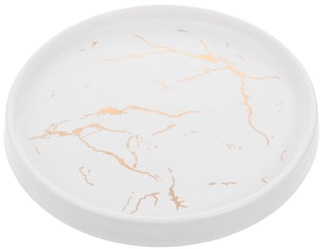 Milisten Piatto Rotondo Portagioie in Ceramica Effetto Marmo Bianco 20 Cm Decoro Oro, Vassoio Espositivo per Anelli e Fedi Nuziali, Adatto per Esposizione Gioielli e Dessert Raffinati
