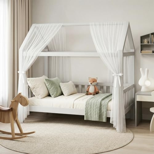 Hausbett Himmel aus Tüll 2er-Set, 150x350 cm Prinzessin Betthimmel Hausbett | leichte atmungsaktive Stoffvorhänge Baldachin für Mädchen Zimmer Dekoration, Hausbett Deko, Mückenschutz (Weiß)