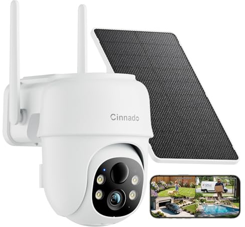Cinnado Überwachungskamera Aussen Akku Solar - 2K Kamera Überwachung Aussen WLAN Outdoor kabellos Solarpanel 360 Grad, PTZ, PIR Bewegungsmelder IP65, Farbnachtsicht, Zwei-Wege-Audio (Weiß)