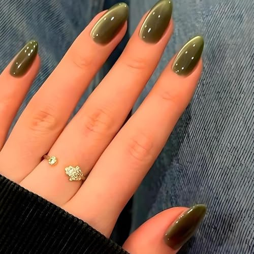Viugex 24PCS French Tip False Nails Almond Medium, Green Cat Eye Press on Nails, Chrome Handmade Acrylic Fake Nails, Cute Glitter Natural Removable Stick on Nail for Women Daily Party Wear