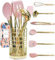 HAMIIS Silicone Pink and Gold Stainless Steel Kitchen Utensils With Holder - Whisk, Ladle, Spatula, Rose Gold Tongs
