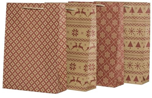 100% Mosel Geschenktüten Weihnachten, in Natur/Rot, 12 Stück (25 x 34 x 8 cm), Weihnachtstaschen aus Kraftpapier, Geschenkverpackung im Skandilook