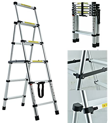 4+5-Step Ladder Telescopic Folding Step with Handgrip Anti-Slip Sturdy 330lbs Stepladder Aluminum Multi-Purpose for Household Office 5 Tread Ladders