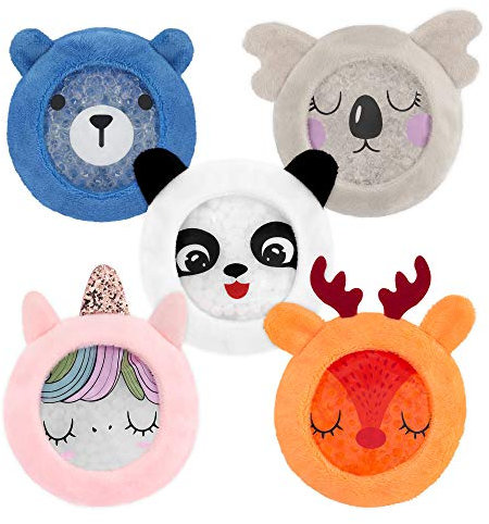 Navaris Hot and Cold Packs for Kids - Set of 5 Reusable Heat and Ice Packs for Children with Soft Fabric - Microwave and Freezer Safe - Animal Design