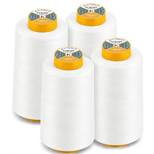 AK Trading 4 Stück weiße Allzweck-Nähgarn-Kegel (je 6000 Meter) aus hochfesten Polyester-Fadenspulen zum Nähen, Quilten, Overlock-, Merrow- und Handstickerei