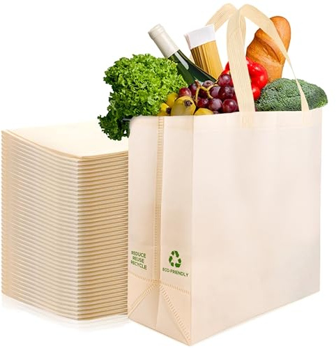 Simply Cool 50 Pack Reusable Grocery Bags, Large Tote Bags Bulk, Cream