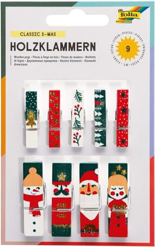 folia 22955 - Holzklammern mit Classic X - Mas Motiv, 9 Klammern in 2 verschiedenen Größen, ideal zum Befestigen von Notizen, Bildern oder zum Gestalten von kreativen Bastelarbeiten, ab 8 Jahren