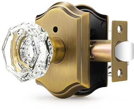 Orger Octagonal Crystal Door Knob 1 Pack, Interior Privacy Door Handle with Internal Door Lock for Bed/Bathroom, Antique Bronze Vintage Rosette Door Knob with Heavy Duty Genuine Glass